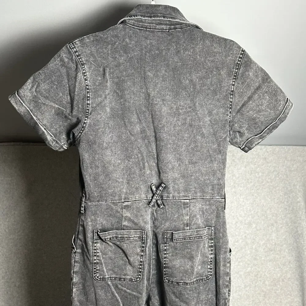 Skies Are Blue Small Washed Black Denim Pleated Boilersuit Short Sleeve‎ Stretch